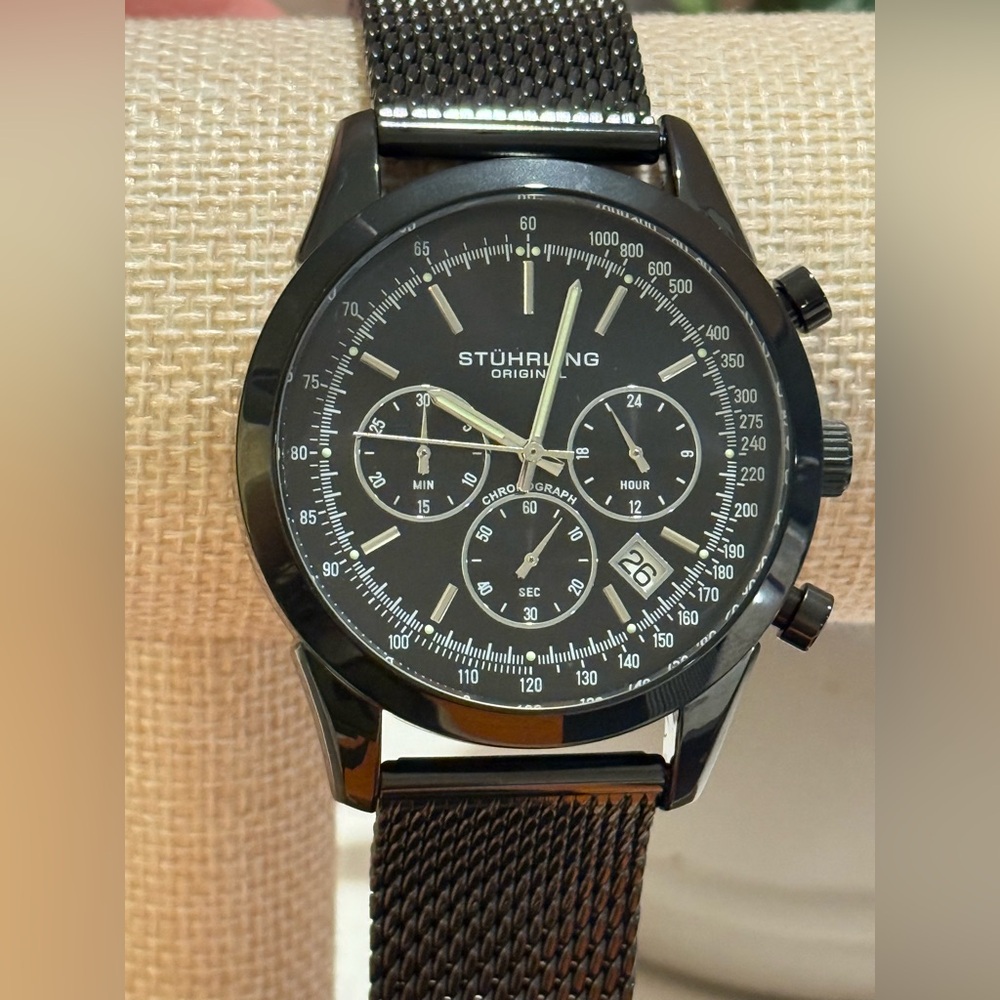 Stuhrling Mens Quartz Chronograph Black Stainless Steel Mesh Bracelet Watch 44mm
